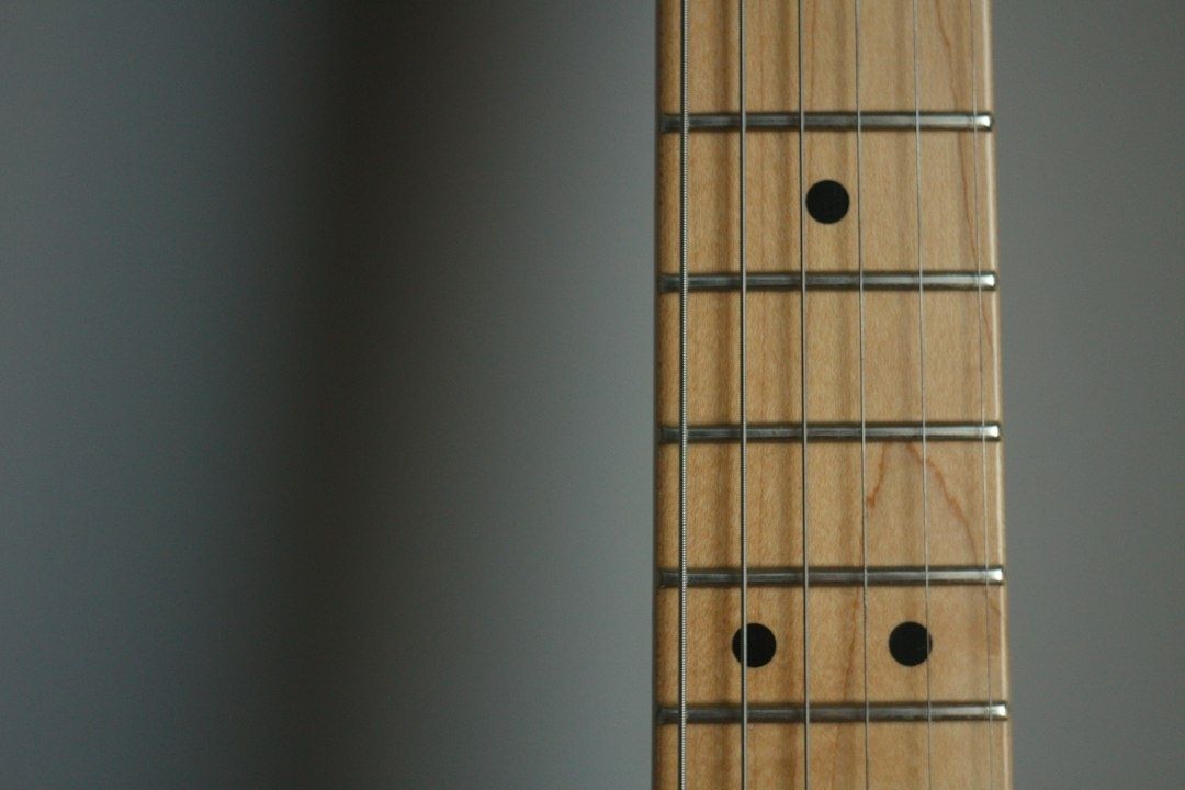 Nærbilde av gitarhals med bånd, strenger og sorte posisjonsprikker