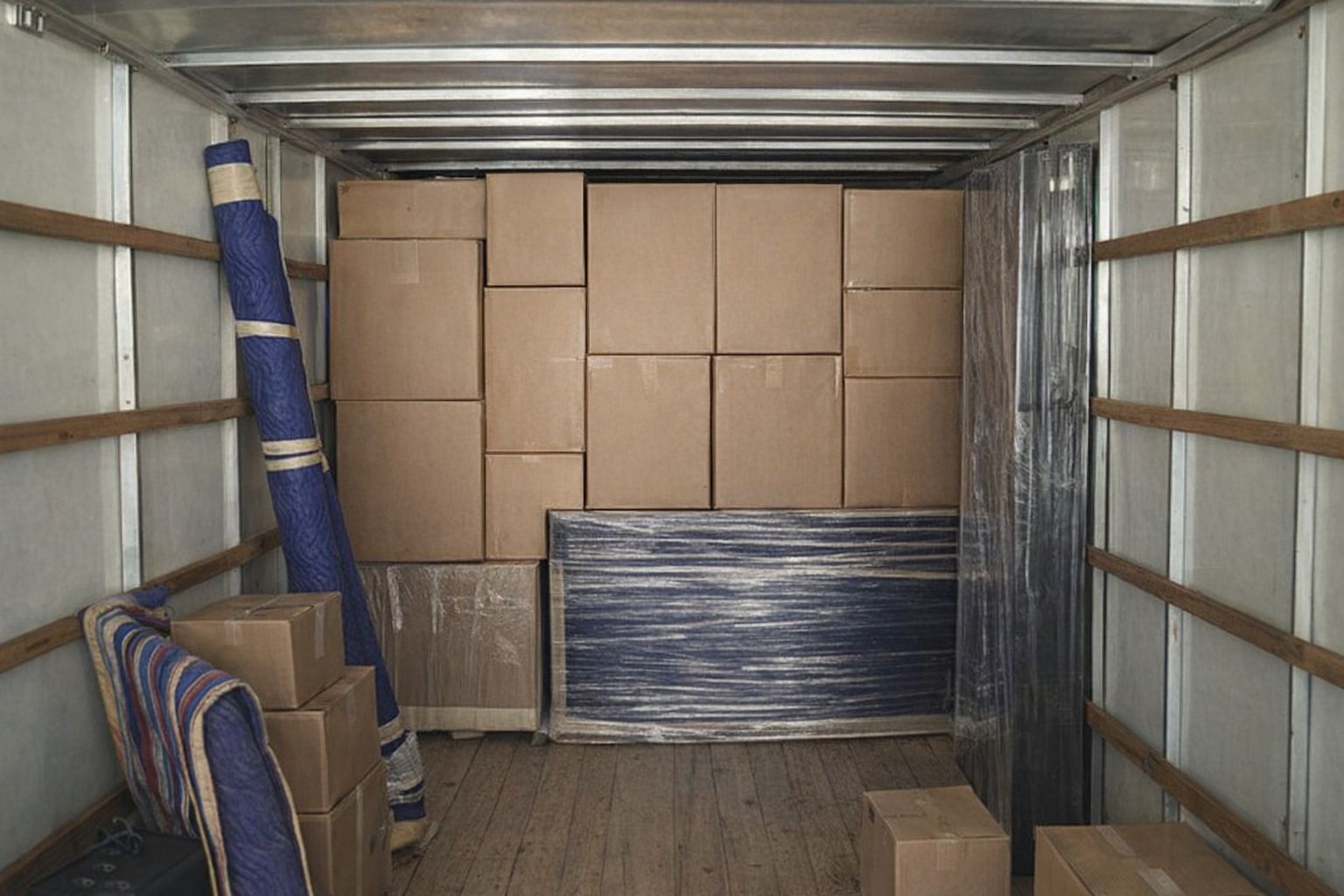 Innsiden av en varebil fylt med stablede esker og utstyr pakket for transport.